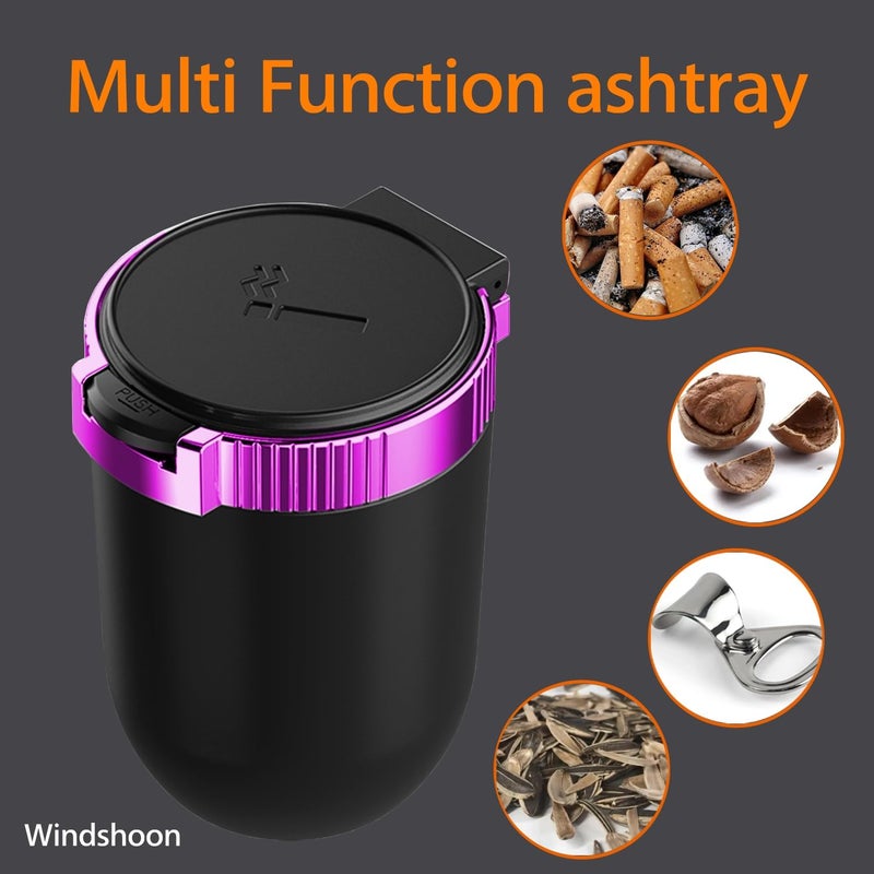Windshoon Smokeless Car Ashtray with Lid - Stainless Steel Inner Container Windproof Ashtray, Portable LED Blue Light Auto Accessories for Travel, Detachable Mini Trash Can (Purple 1-Pack) - Image 4